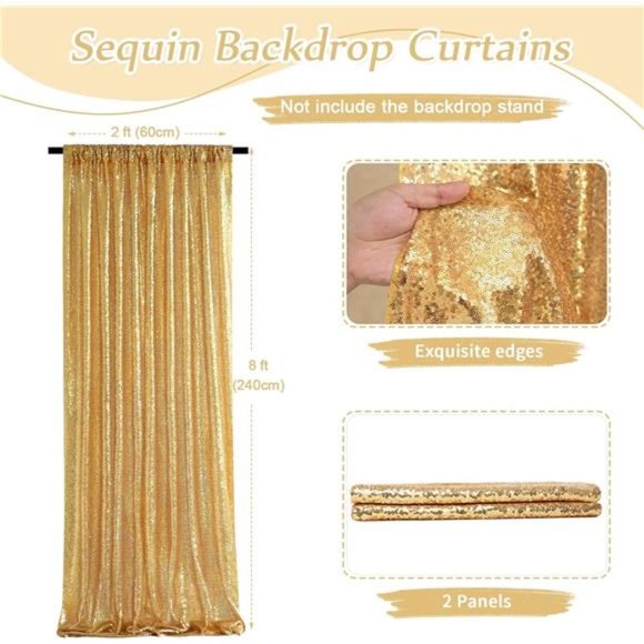 GoldSequin Backdrop CurtainPanels Stage 2Pieces 2FTx8FT Wedding Party Background - Picture 2 of 6